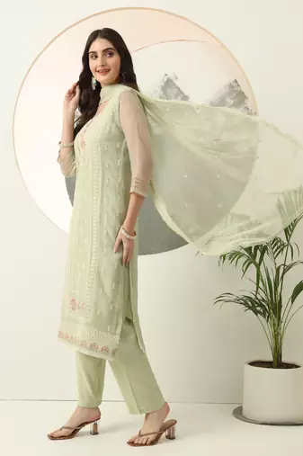  green embroidery silk blend straight kurta dupatta set