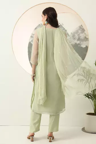  green embroidery silk blend straight kurta dupatta set