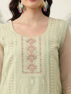  green embroidery silk blend straight kurta dupatta set 4