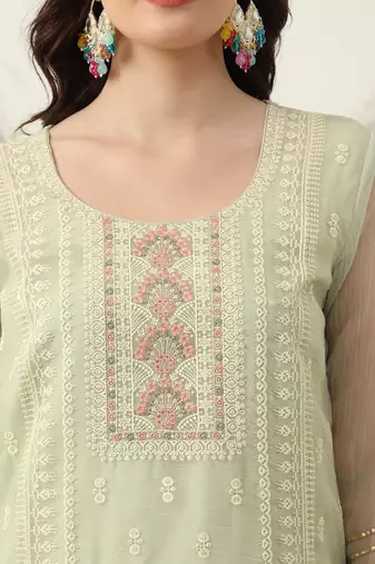  green embroidery silk blend straight kurta dupatta set