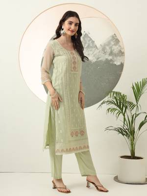  green embroidery silk blend straight kurta dupatta set 5