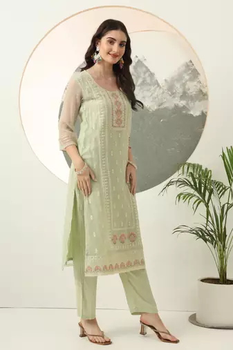 green embroidery silk blend straight kurta dupatta set