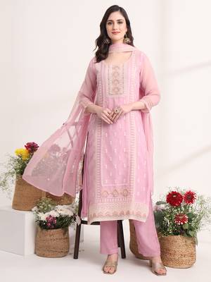  lavender embroidery silk blend straight kurta dupatta set 2