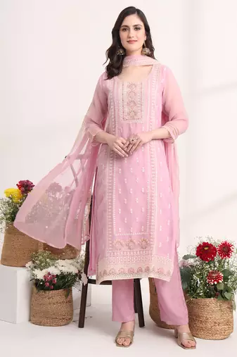  lavender embroidery silk blend straight kurta dupatta set