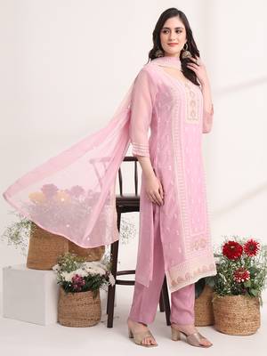  lavender embroidery silk blend straight kurta dupatta set 3