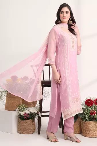  lavender embroidery silk blend straight kurta dupatta set
