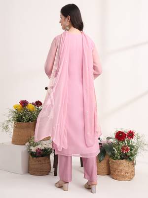  lavender embroidery silk blend straight kurta dupatta set 4