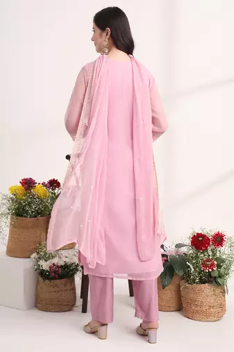  lavender embroidery silk blend straight kurta dupatta set