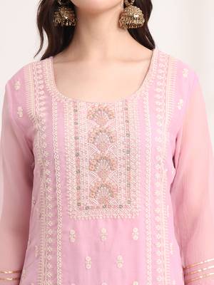  lavender embroidery silk blend straight kurta dupatta set 5