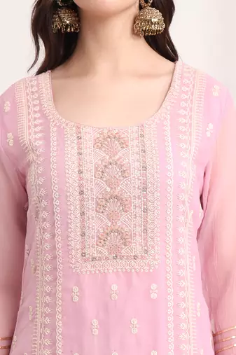  lavender embroidery silk blend straight kurta dupatta set