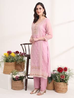 lavender embroidery silk blend straight kurta dupatta set 1