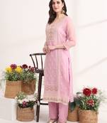  lavender embroidery silk blend straight kurta dupatta set