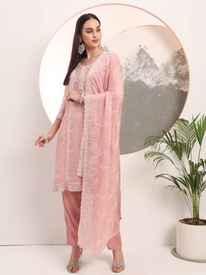  pink embroidery organza straight kurta dupatta set 2