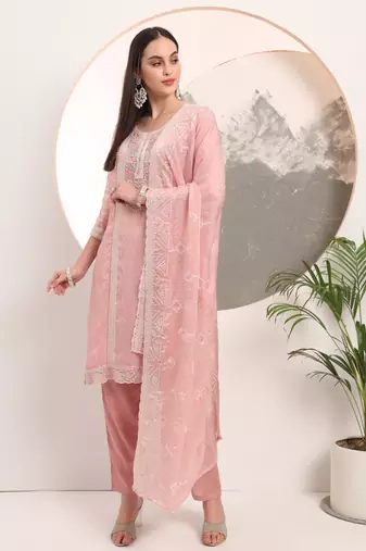  pink embroidery organza straight kurta dupatta set
