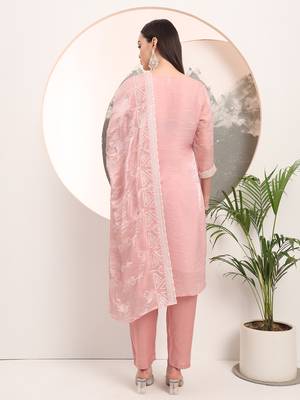  pink embroidery organza straight kurta dupatta set 3
