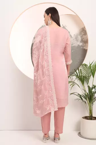  pink embroidery organza straight kurta dupatta set