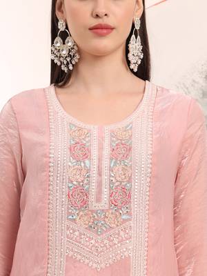  pink embroidery organza straight kurta dupatta set 4