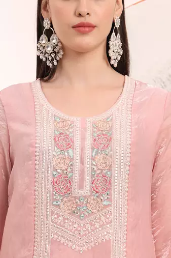  pink embroidery organza straight kurta dupatta set
