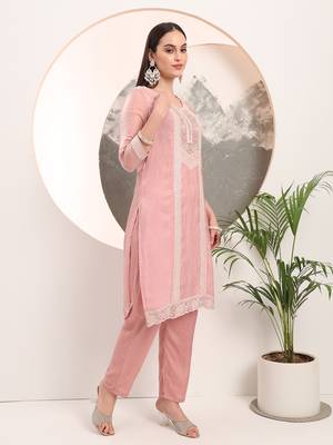  pink embroidery organza straight kurta dupatta set 5