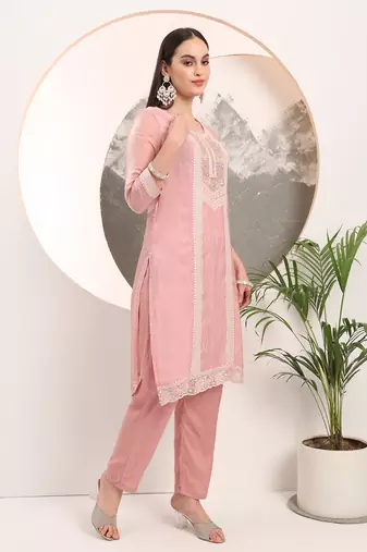  pink embroidery organza straight kurta dupatta set