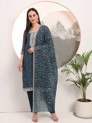  teal blue organza embroidery straight kurta dupatta set 1
