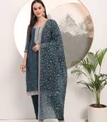  teal blue organza embroidery straight kurta dupatta set