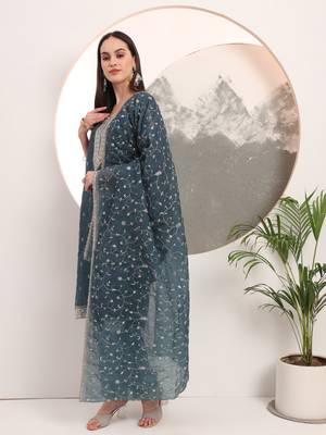  teal blue organza embroidery straight kurta dupatta set 2