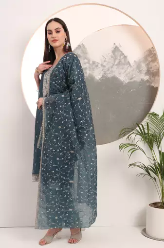  teal blue organza embroidery straight kurta dupatta set
