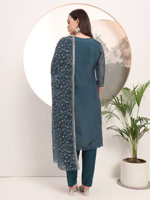  teal blue organza embroidery straight kurta dupatta set 3