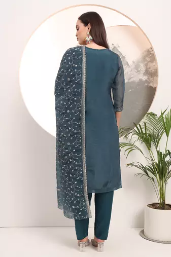  teal blue organza embroidery straight kurta dupatta set