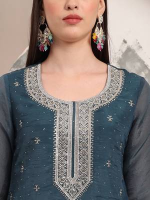  teal blue organza embroidery straight kurta dupatta set 4
