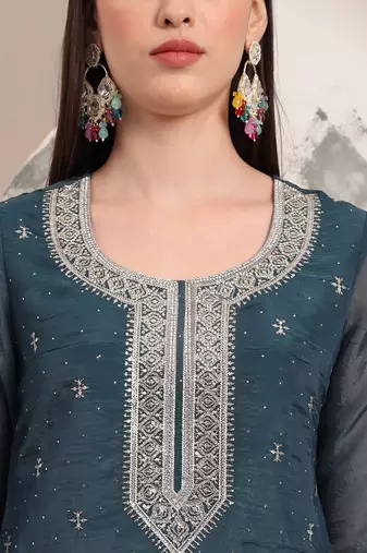  teal blue organza embroidery straight kurta dupatta set