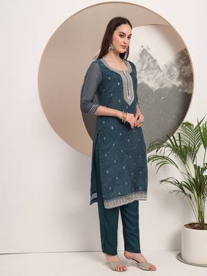  teal blue organza embroidery straight kurta dupatta set 5