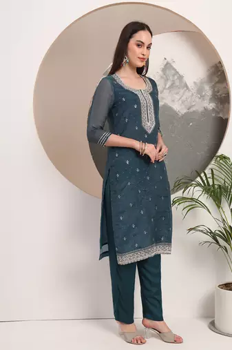  teal blue organza embroidery straight kurta dupatta set
