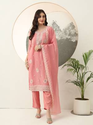  pink embroidery silk blend straight kurta dupatta set 1