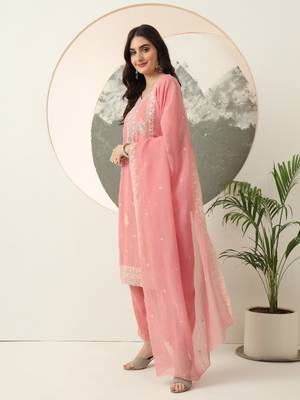  pink embroidery silk blend straight kurta dupatta set 2