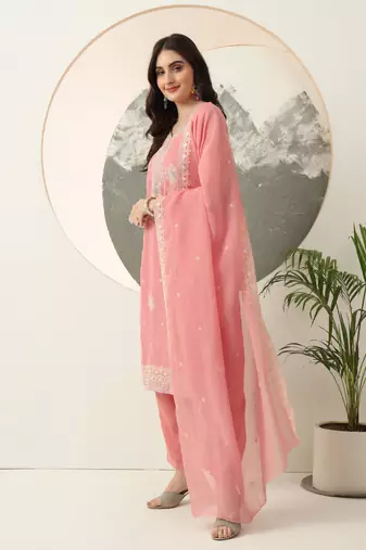  pink embroidery silk blend straight kurta dupatta set
