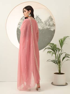  pink embroidery silk blend straight kurta dupatta set 3
