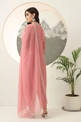  pink embroidery silk blend straight kurta dupatta set