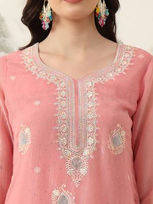  pink embroidery silk blend straight kurta dupatta set 4