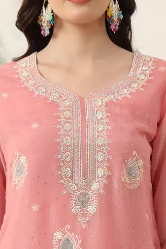  pink embroidery silk blend straight kurta dupatta set