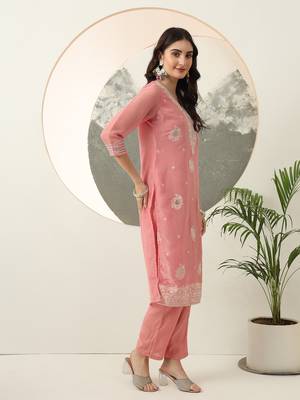  pink embroidery silk blend straight kurta dupatta set 5
