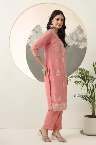  pink embroidery silk blend straight kurta dupatta set