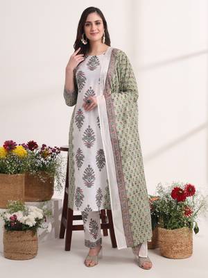  green and white hand embroidery cotton kurta dupatta set 1