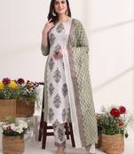  green and white hand embroidery cotton kurta dupatta set