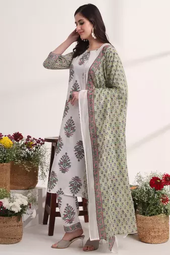  green and white hand embroidery cotton kurta dupatta set