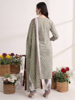  green and white hand embroidery cotton kurta dupatta set 3