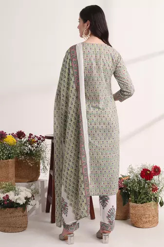  green and white hand embroidery cotton kurta dupatta set