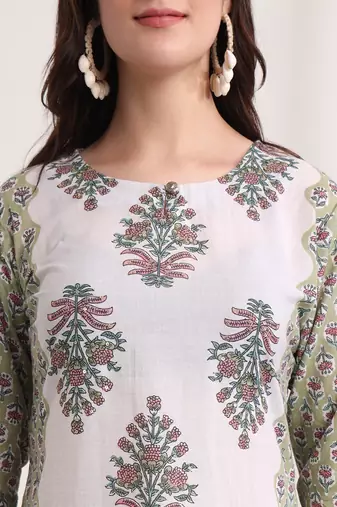  green and white hand embroidery cotton kurta dupatta set
