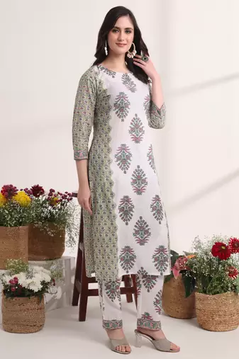  green and white hand embroidery cotton kurta dupatta set